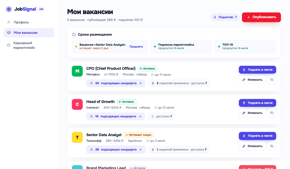 Верните вакансию в верх ленты в один клик